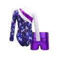 thumbnail image 2 of ZDHoor Girls Gymnastics Leotards Long Sleeve with Shorts Outfits Sparkle Dancewear Bodysuit Purple 6, 2 of 6