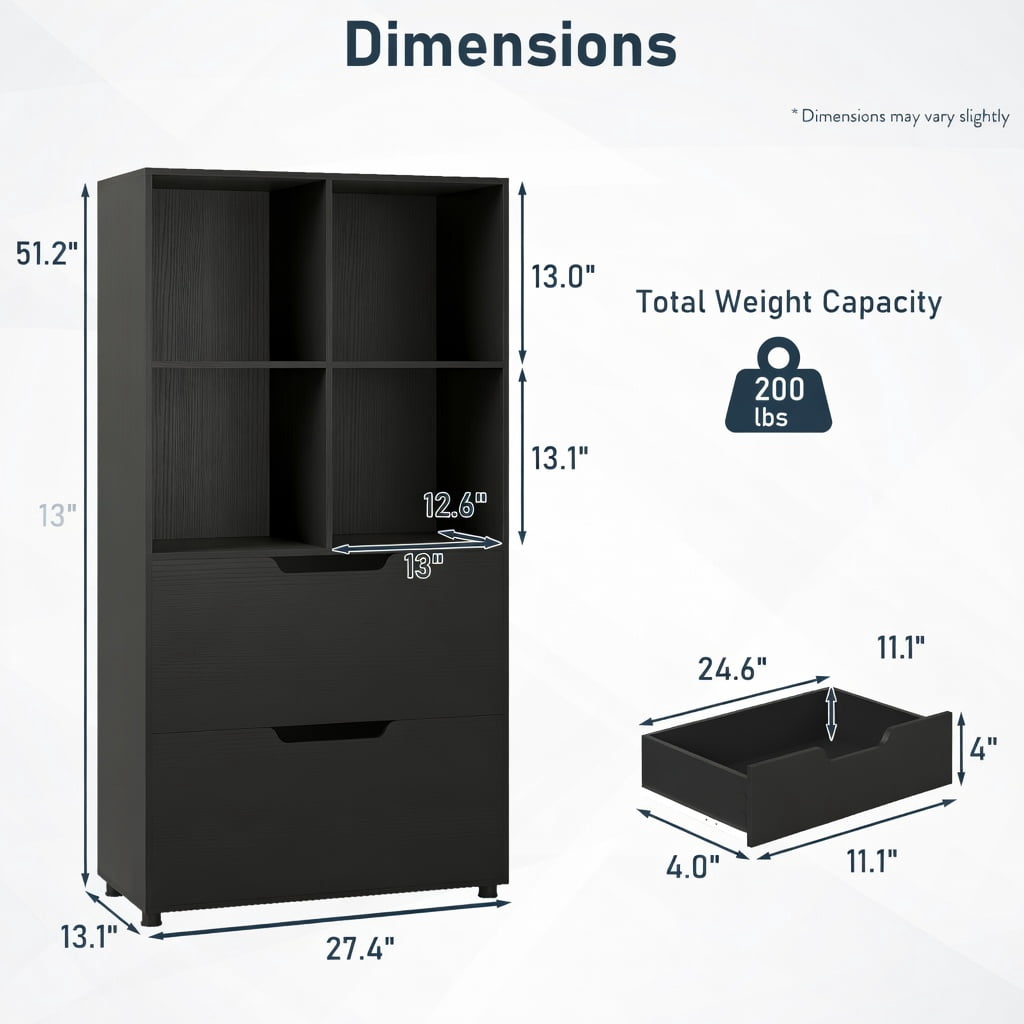 GVN 4-Cube Bookcase Storage Shelves with 2 Drawers, 51Inch 5-Tier Freestanding Bookshelf Stand for Living Room, Bedroom, Office Room, Study Room, Black