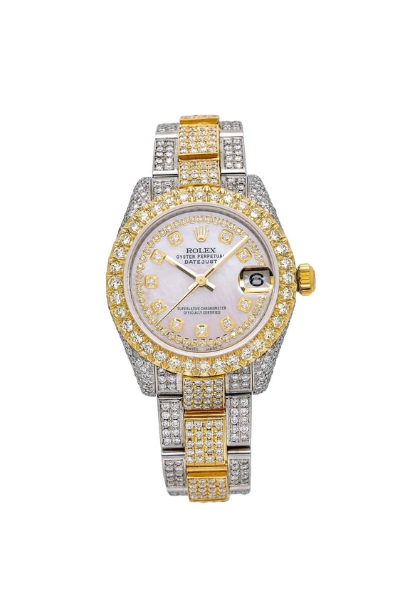 Pre-Owned Rolex Datejust 31MM 178243 Mother of Pearl Diamond Dial Diamond Bezel Two Tone Yellow Gold Full Diamond Oyster Bracelet 12.25ct