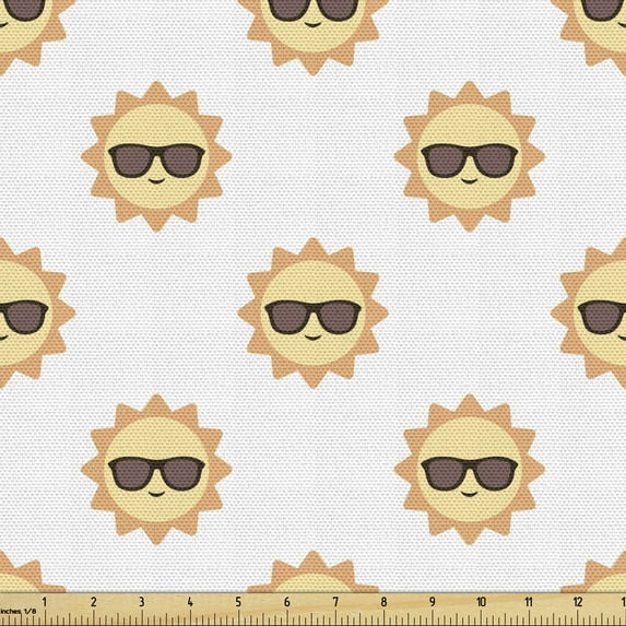 Summer Fabric by the Yard, Cartoon Style Smiling Suns Wear Sunglasses in Repetitive Pattern, Decorative Upholstery Fabric for Chairs & Home Accents, White Pale Yellow and Orange by Ambesonne