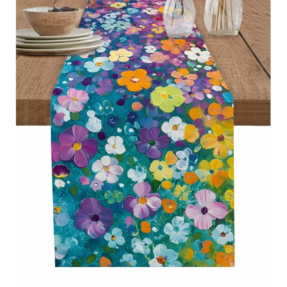 Colorful Spring Floral Table Runner 72 Inches, Modern Oil Painting Abstract Art Bed Runner Dresser Scarves Tabletop for Indoor Outdoor Parties/Ceremony/Banquet, 14" x 72"
