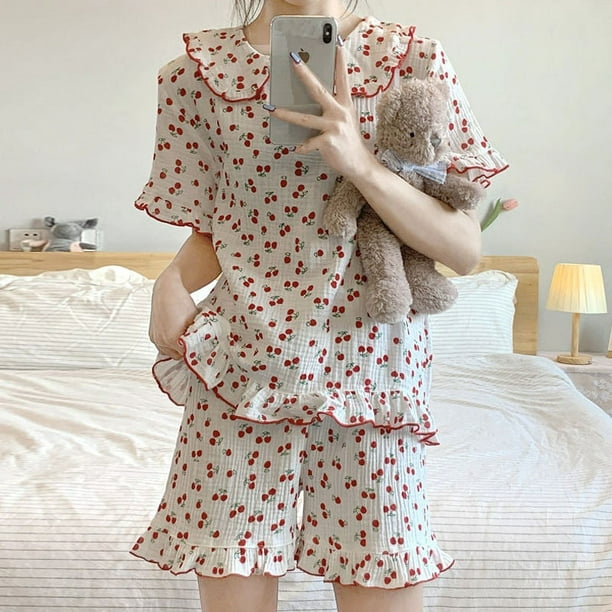 100% Cotton Summer Sleepwear Korean Pajamas for Women 2023 Pijama Cherry  Print Pyjamas Female Set Woman 2 Piece Cute Loungewear 