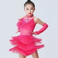 thumbnail image 4 of Girls Latin Dress Shiny Diamonds Halter Sleeveless Tassels Dancewear Samba Rumba Jazz Cha Cha 4 Piece Dance Costume Hot Pink 5-6 Years, 4 of 4