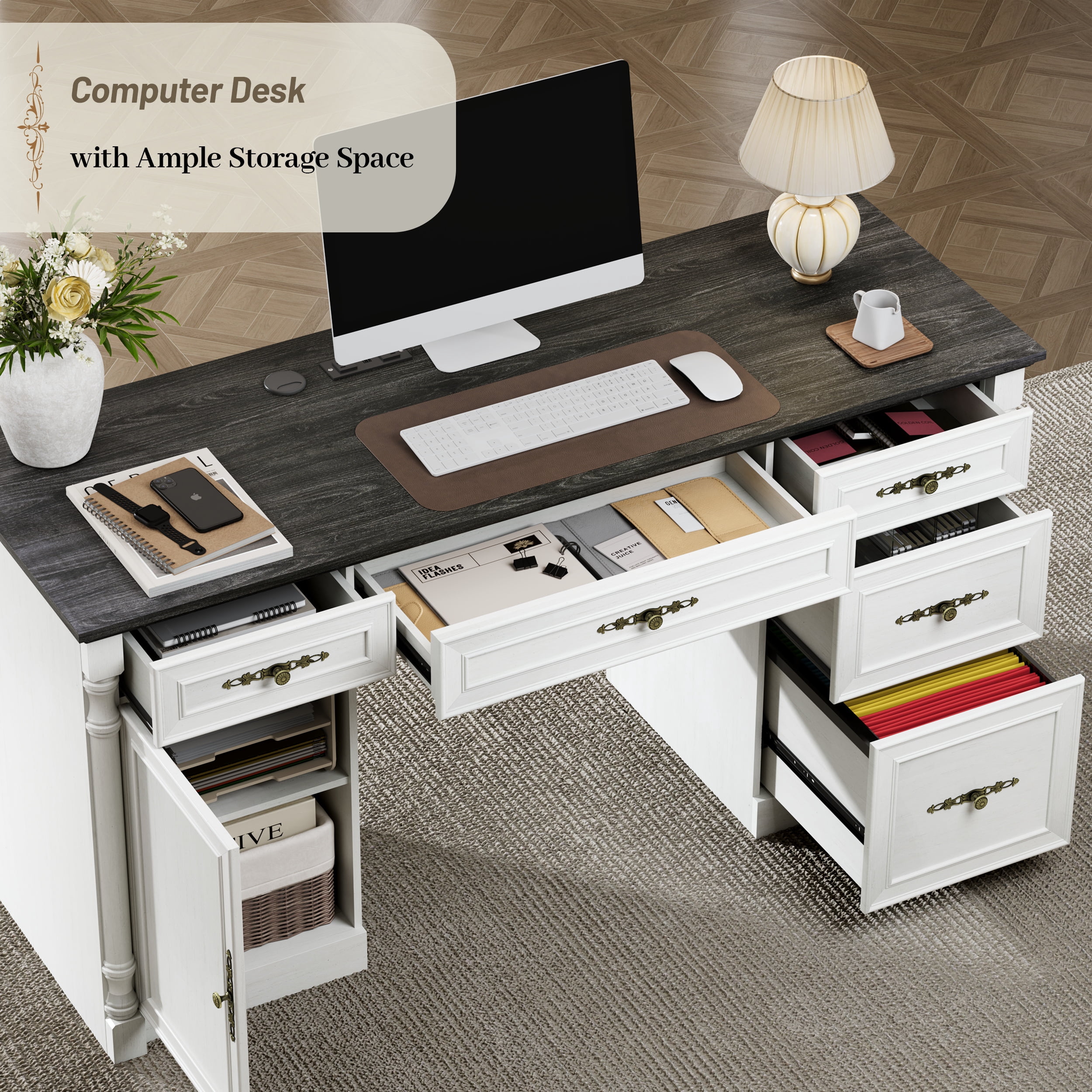 Farmhouse Executive Desk with Storage Drawers and File Cabinet, 60" Vintage Home Office Desk with Power Outlet and Roman Column, Wood Computer Desk with Keyboard Tray for Work and Study, Antique Whit