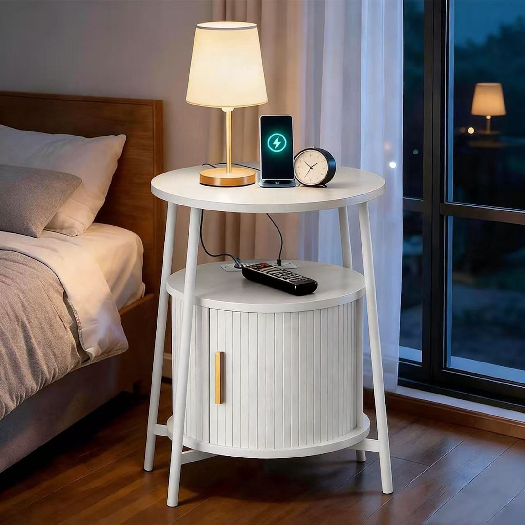 AISWORD Nightstand with Charging Station, Modern Round Bedside Table with Sliding Door Storage, White, 2 Pack
