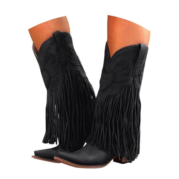 Mepaouo Women's Fringe Knee High Boots Western Cowboy Cowgirl Tassel Pull on Boot with Pointed Toe
