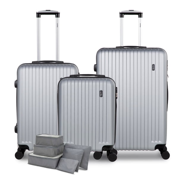 Juego de 3 Maletas de Viaje Rigidas Rumbo Gris 20 24 28 Pulgadas con 6 Bolsas de Viaje