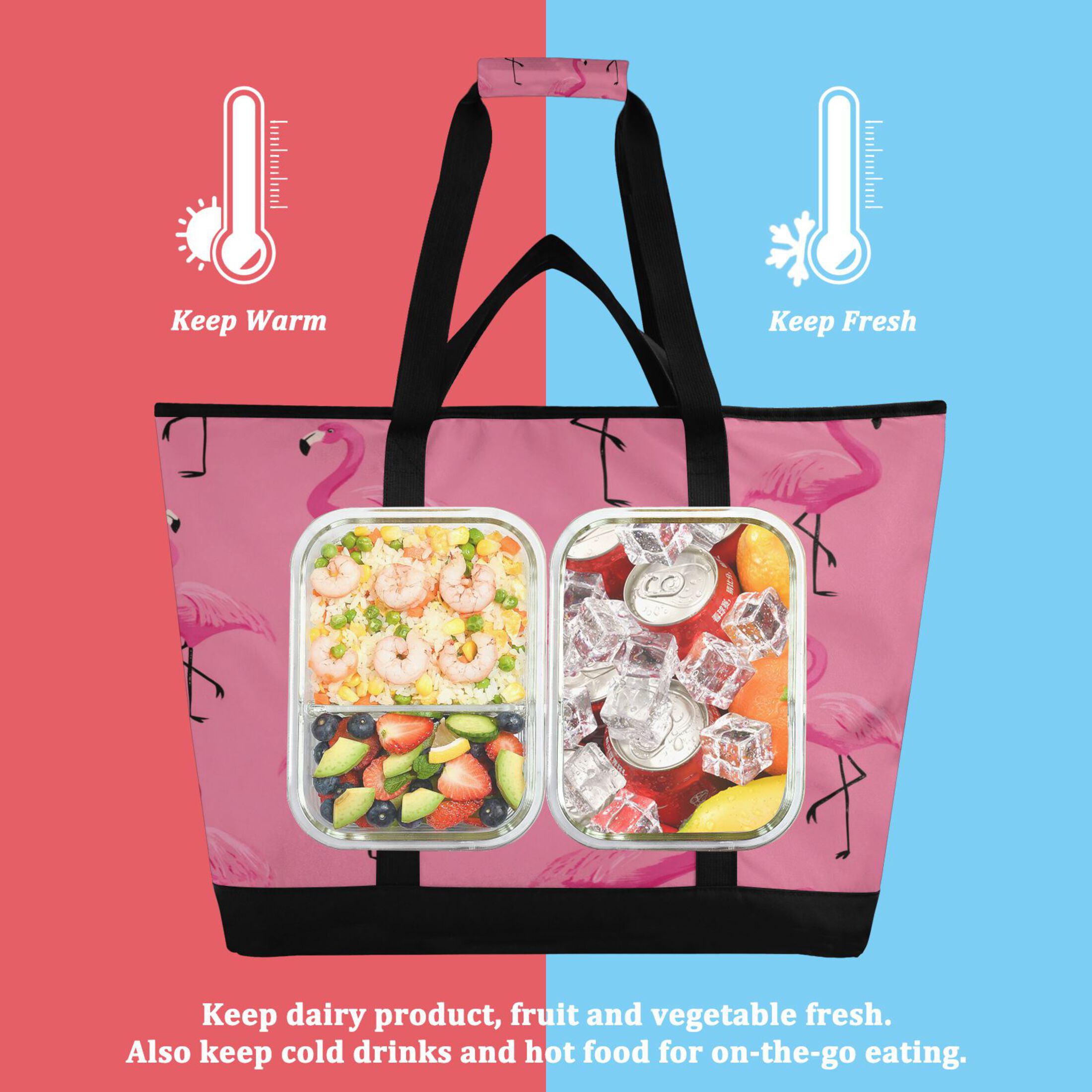 Extra-Large Wide Opening Design Capacity Hand-Held Ice Pack Thickened Insulation Layer For Long-Lasting Cold Retention For Outdoor Shopping Picnics And Camping Flock Of Cartoon Flamingos