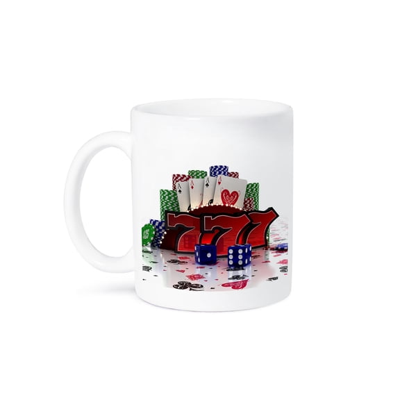 3dRose, Casino concept with poker cards chips dice and slot style sevens, 15oz Mug
