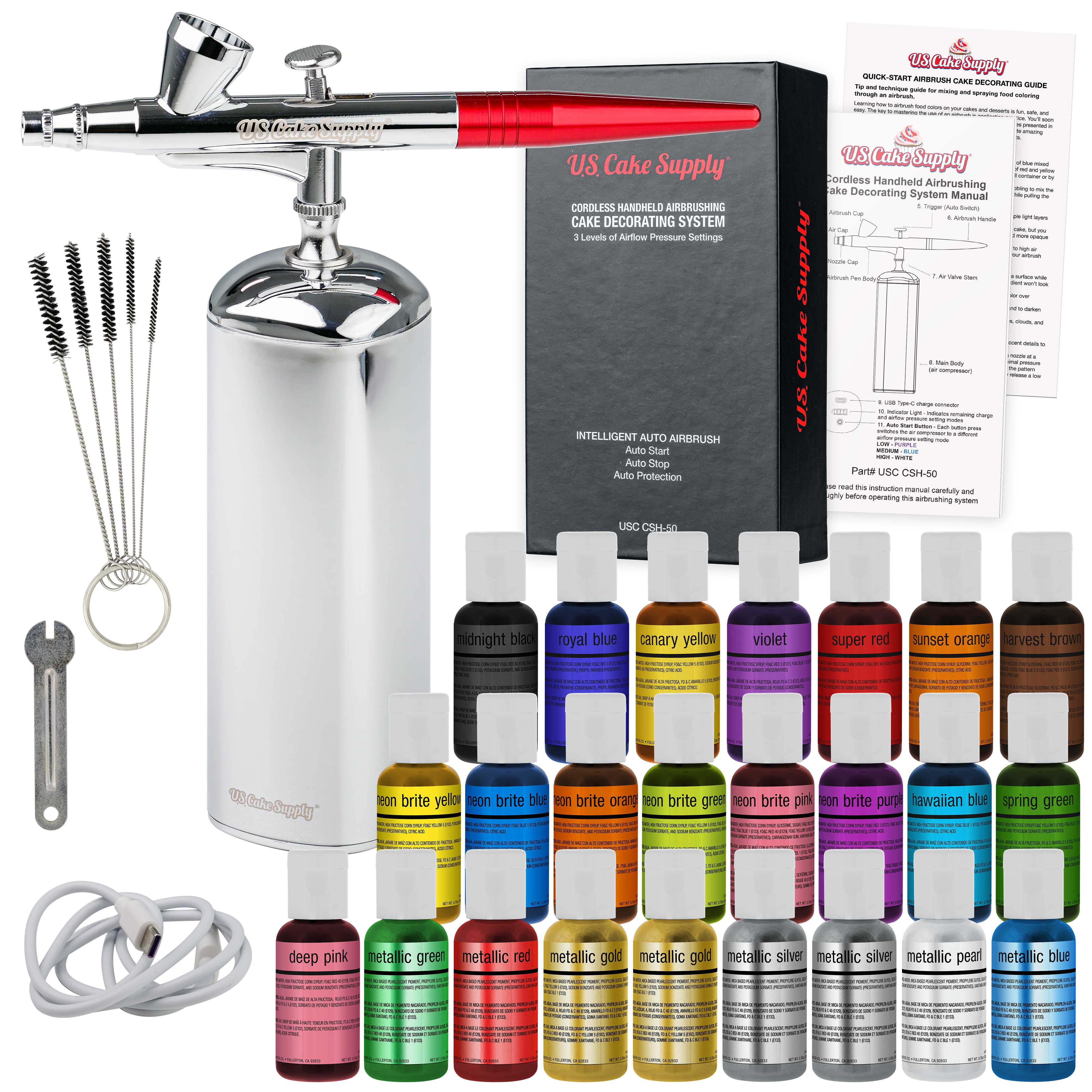 U.S. Cake Supply - Complete Cordless Handheld Airbrush Cake Decorating  System, Professional Kit with a Full Selection of 24 Vivid Airbrush Food  Colors - Decorate Cakes, Cupcakes, Cookies & Desserts 