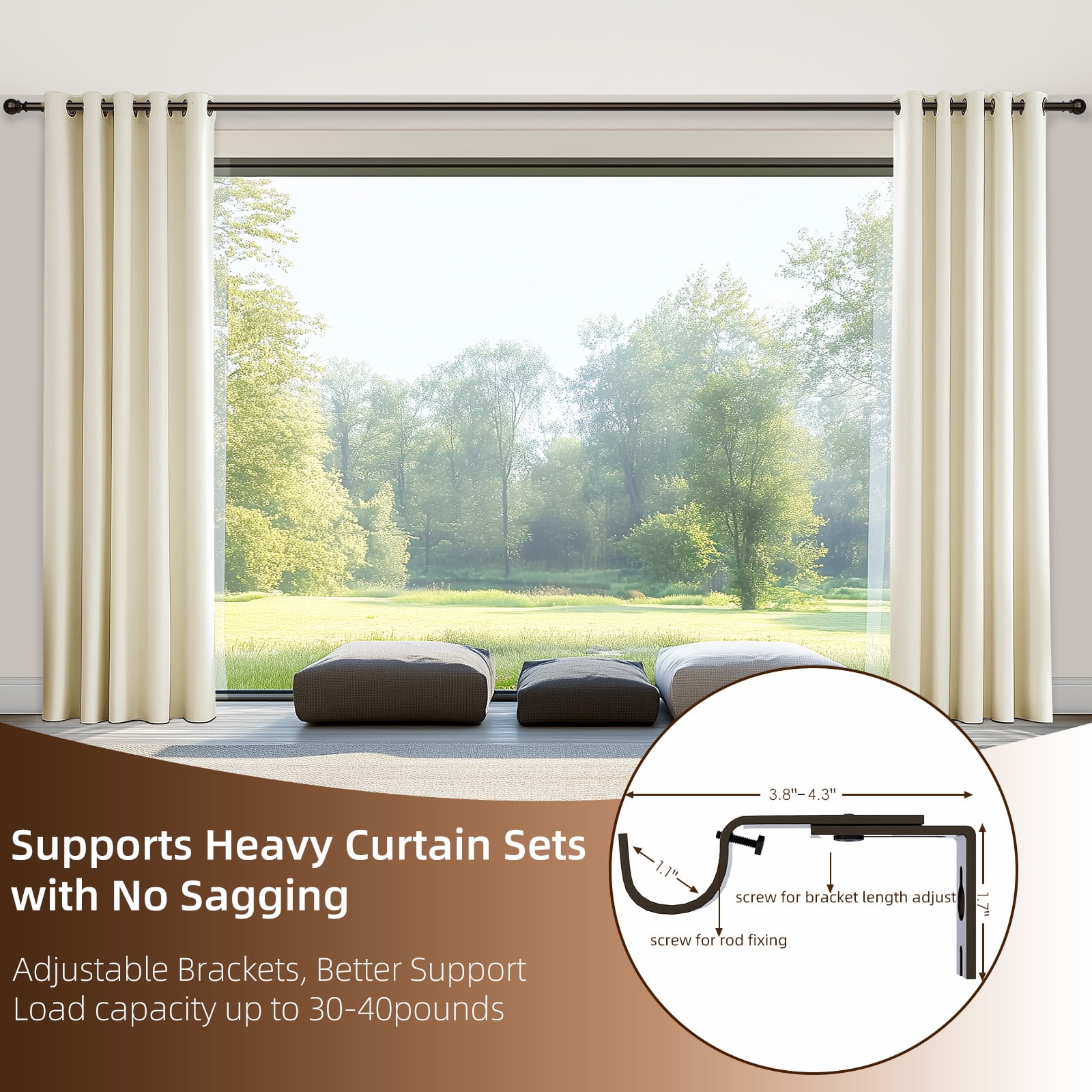 1" Single Curtain Rod for Windows 72"-144",Heavy Duty and Adjustable Length Curtain Rod with Round Ball Finial Easy to Install,Bronze