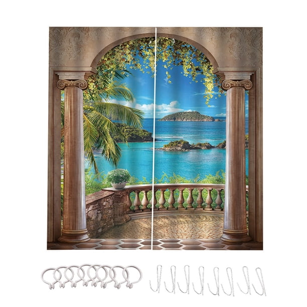 Bewildely Cortina de 2 uds con patrón de vista al mar, decoración de cortinas, cortina estampada que no se desvanece, lavable a máquina para sala de Sombras de ventana L Bewildely HA010895-03