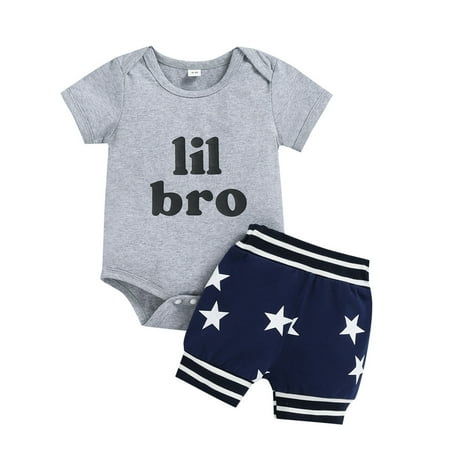 

ZMHEGW Baby Boys Clothes Short Sleeve Summer Outfits Letter Print Romper Tops Stars Shorts 2Pcs Set Baby Cute Clothing