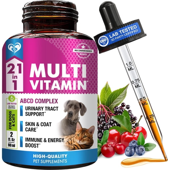 Cat & Dog Multivitamin Liquid | 15-in-1 Supplement with Cranberry & Glucosamine | Urinary, Joint, Skin & Coat Support | 60 ml