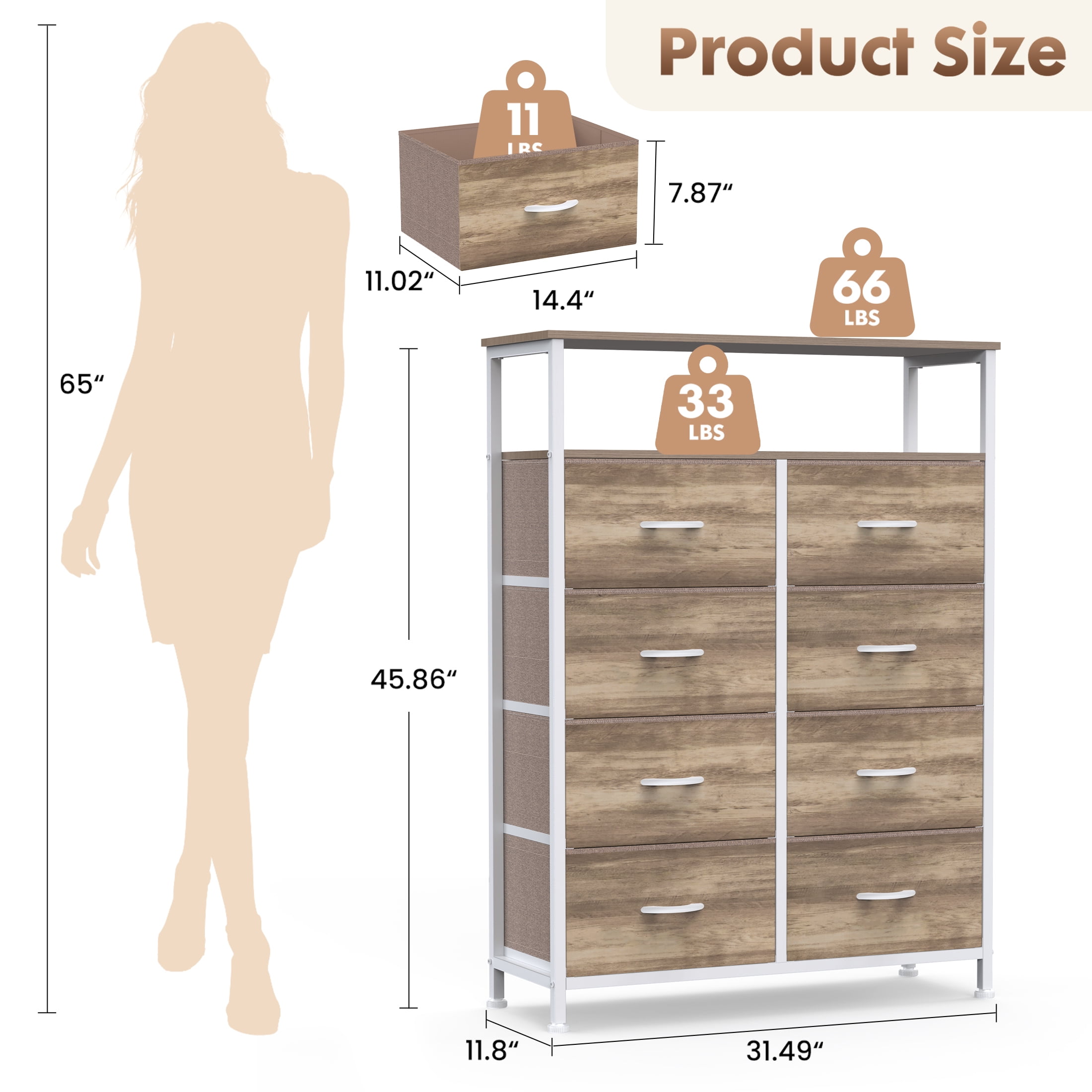edx 8 Drawers Fabric Dresser, Clothes Storing, Storage Tower Organizer TV Stand, for Bedrooms, Wardrobes, Entryways, and Living Rooms, Oak