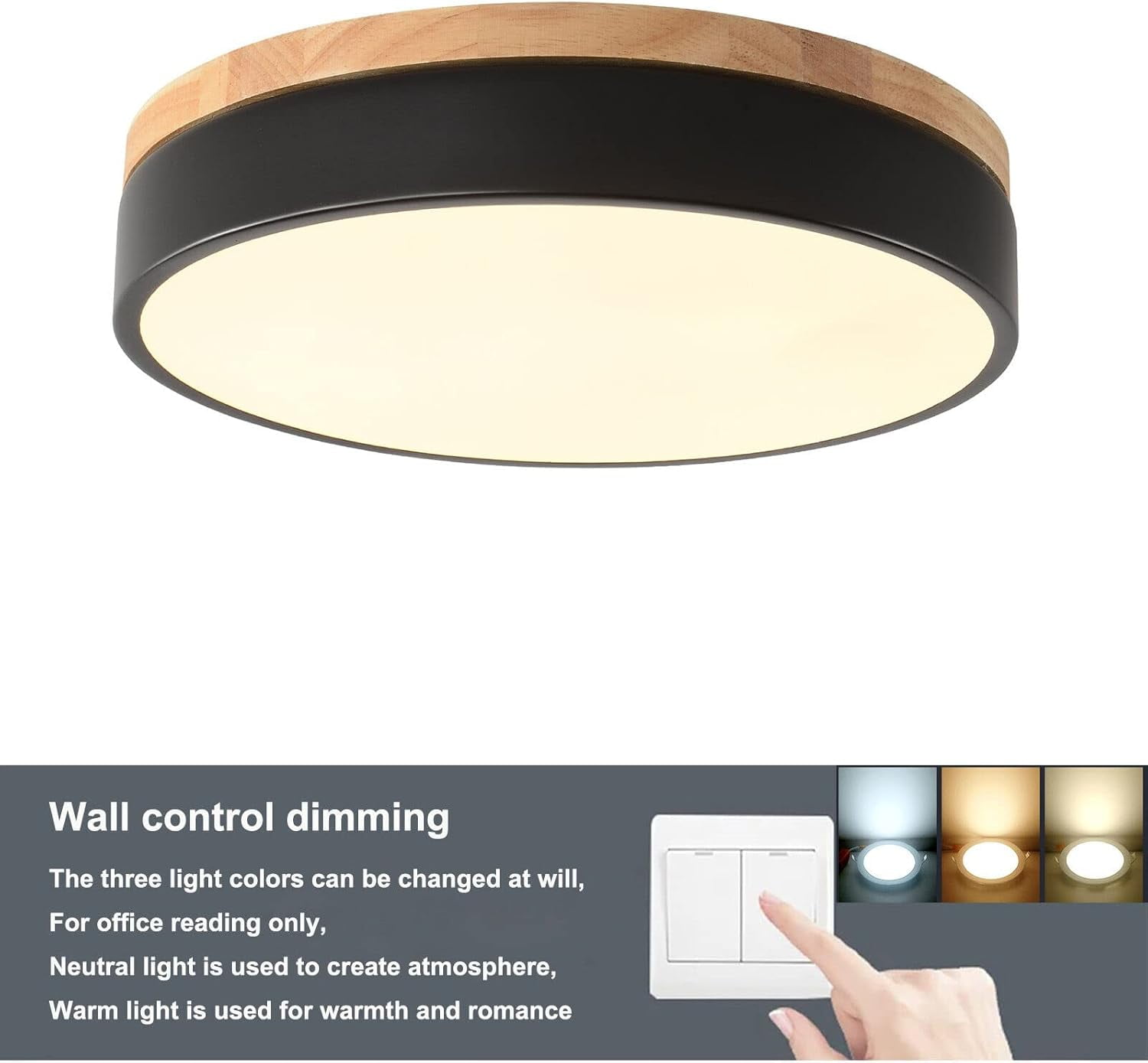 11.8 Inch LED Flush Mount Ceiling Light, 24W Dimmable Black Round Acrylic Flat Panel Light, Minimalist Ceiling Light Fixture for Dining Room, Bedroom, Kitchen