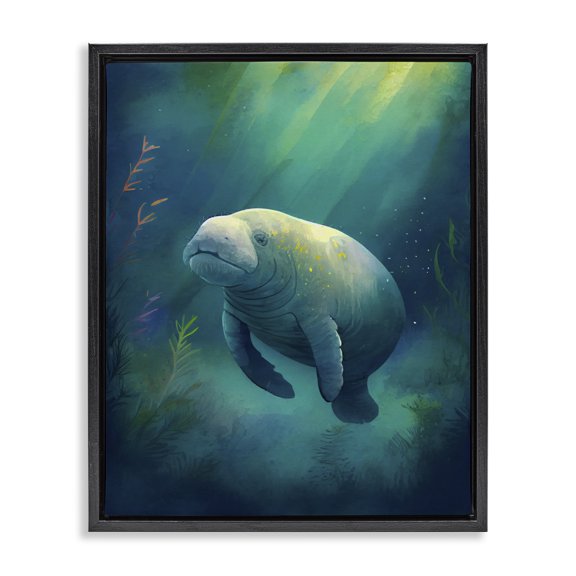 Stupell Industries Contemporary Manatee Underwater View Black Floating Frame Canvas Art, 17 x 21, by Enrico McGarrigle