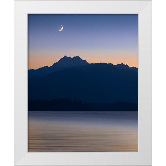 Jaynes Gallery 12x14 White Modern Wood Framed Museum Art Print Titled - USA-Washington State-Seabeck Crescent moon at sunset over Hood Canal and Olympic Mountains