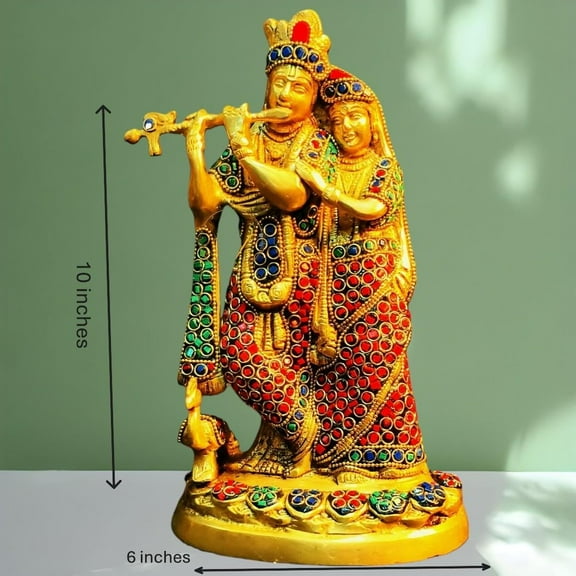 10 Inch Brass Radha Krishna Statue with Vibrant Stone Work, Symbol of Love and Devotion, Perfect for Home Decor, Spiritual Altar, Meditation