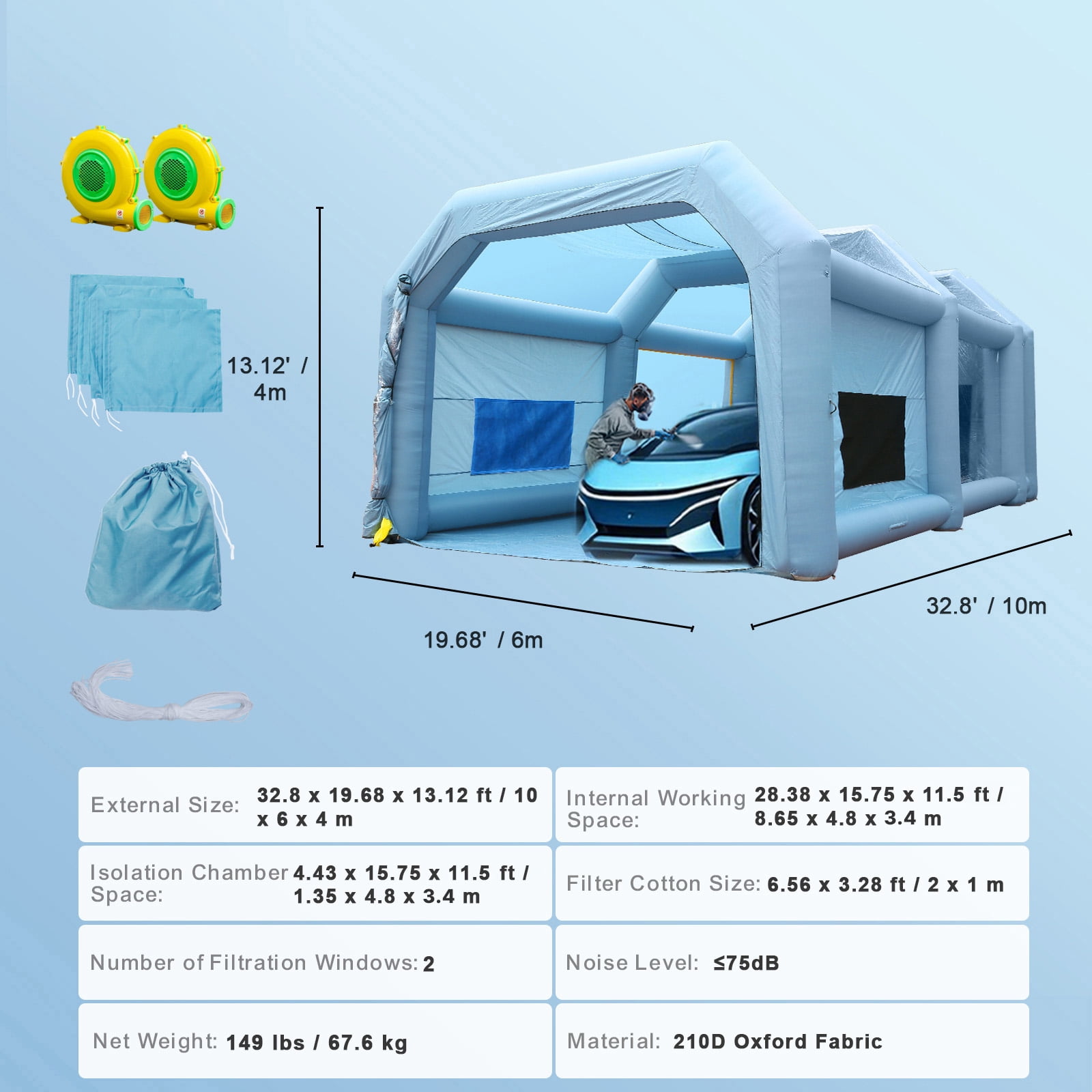 KFFKFF Inflatable Paint Booth, Dimensions 33x20x13ft, Dual Blowers with 950W+1100W Capacity, Spray Booth Tent, Air Purification System for Vehicle Storage Tent Workspace Motorbike Shelter