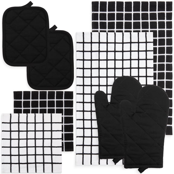 Mainstays Cotton Kitchen Towel, Dishcloth, Oven Mitt, and Potholder Set, 8 Pieces, Black