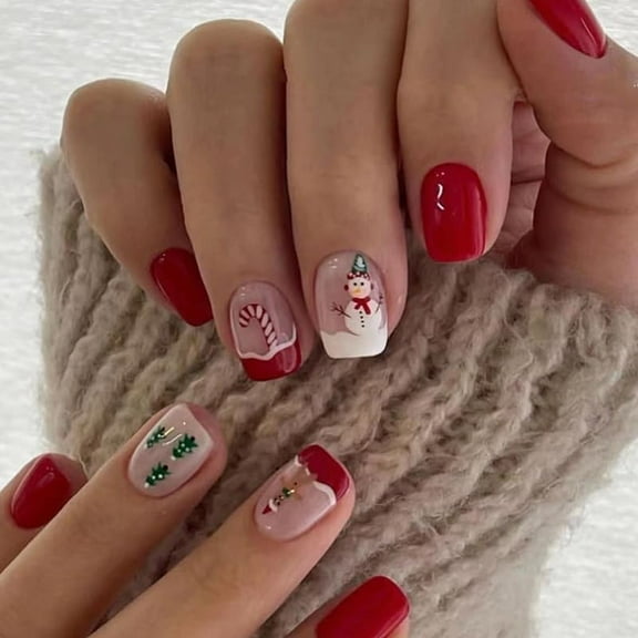 Christmas Press-on Nails Short Square 24 Pcs Black & White Fake Nails False Nails with Designs Snowflake Glitter Full Cover Glossy Glue on Acrylic Nails Christmas Nails27 24 Fl Oz (Pack of 1)