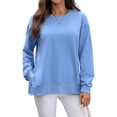 thumbnail image 2 of WTOBBY Women's Button Hem Slit Hoodie, Solid Color Casual Pullover, Long Sleeve Round Neck Top with Side Vent Design and Modern Street Style,Blue M, 2 of 8