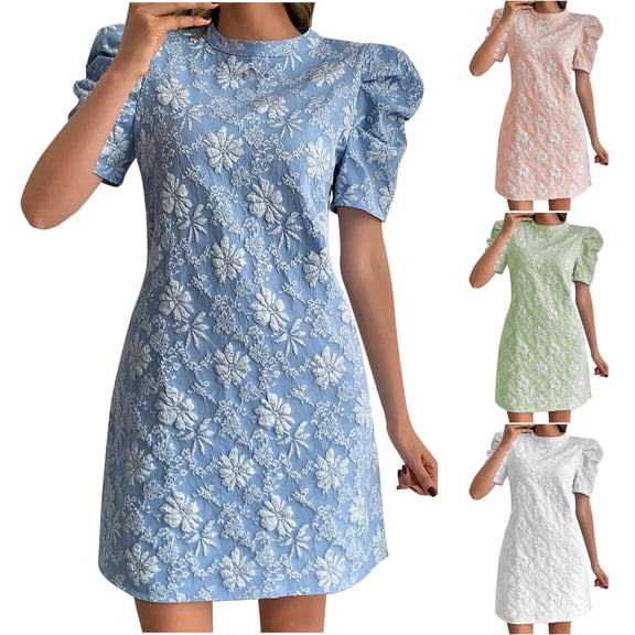Lovzfmll Women's Sundress, Crew Neck Short Sleeve with Puff Sleeve & Texture, Casual Vacation Mini Dress Blue, S