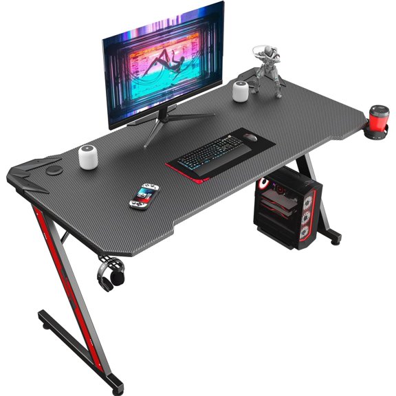 HarmonyStrings Gaming Computer Desk with Carbon Fiber Surface, Gaming Table Z Shaped Pc Home Office with Cup Holder&Headphone Hook(55 in, Black)