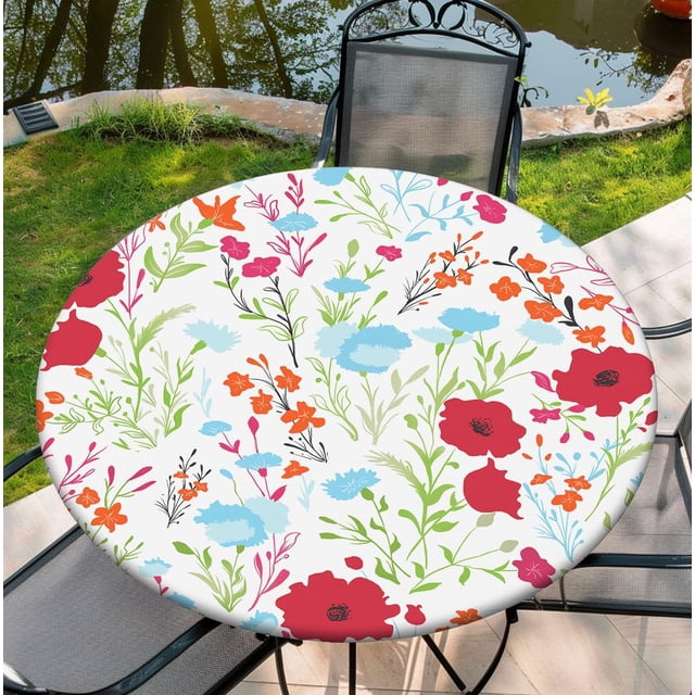 Housse de Table Ronde pour Tables Rondes 36 Pouces-70 Pouces, Nappe Ajustée avec Élastique pour Fête Intérieure Extérieure Vacances, 60 Pouces, Fleur Rouge