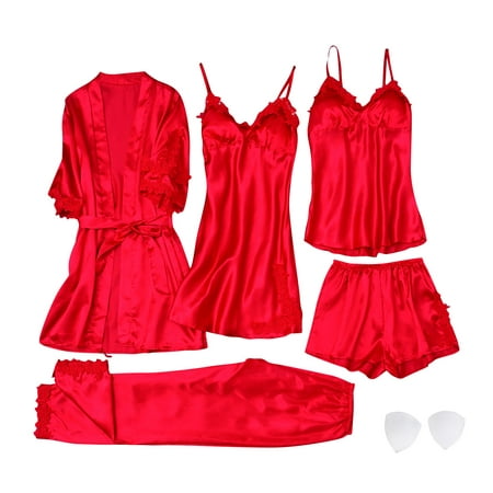 

KDDYLITQ Women Sleepwear with Robe Cami Top and Shorts Pant Chemise Plus Size 5 Piece PJ Sets Loungewear Soft Womens Pajama Set Red XXL
