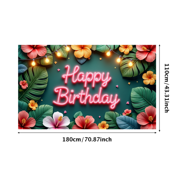 Tropical Theme Happy Birthday Banner Floral Design Decorative Lights Leaf Pattern for Birthday Party Jungle Theme Outdoor Event
