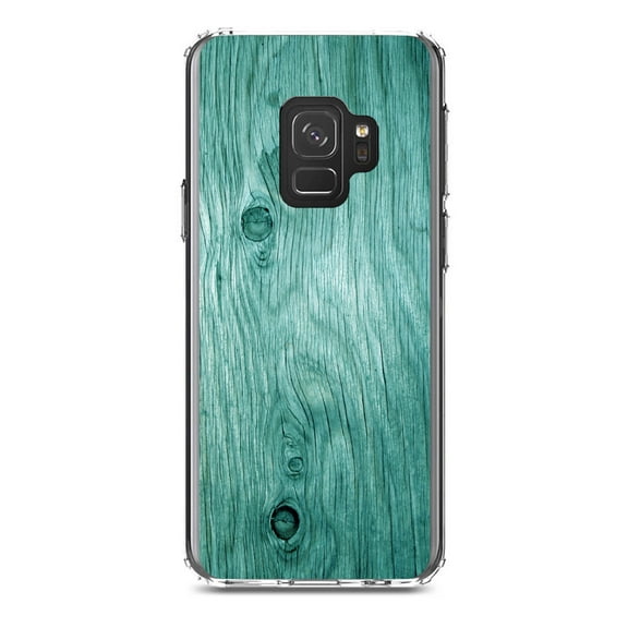 DistinctInk Clear Shockproof Hybrid Case for Samsung Galaxy S9 (5.8" Screen) - TPU Bumper, Acrylic Back, Tempered Glass Screen Protector - Teal Weathered Wood Grain Print - Printed Wood Image