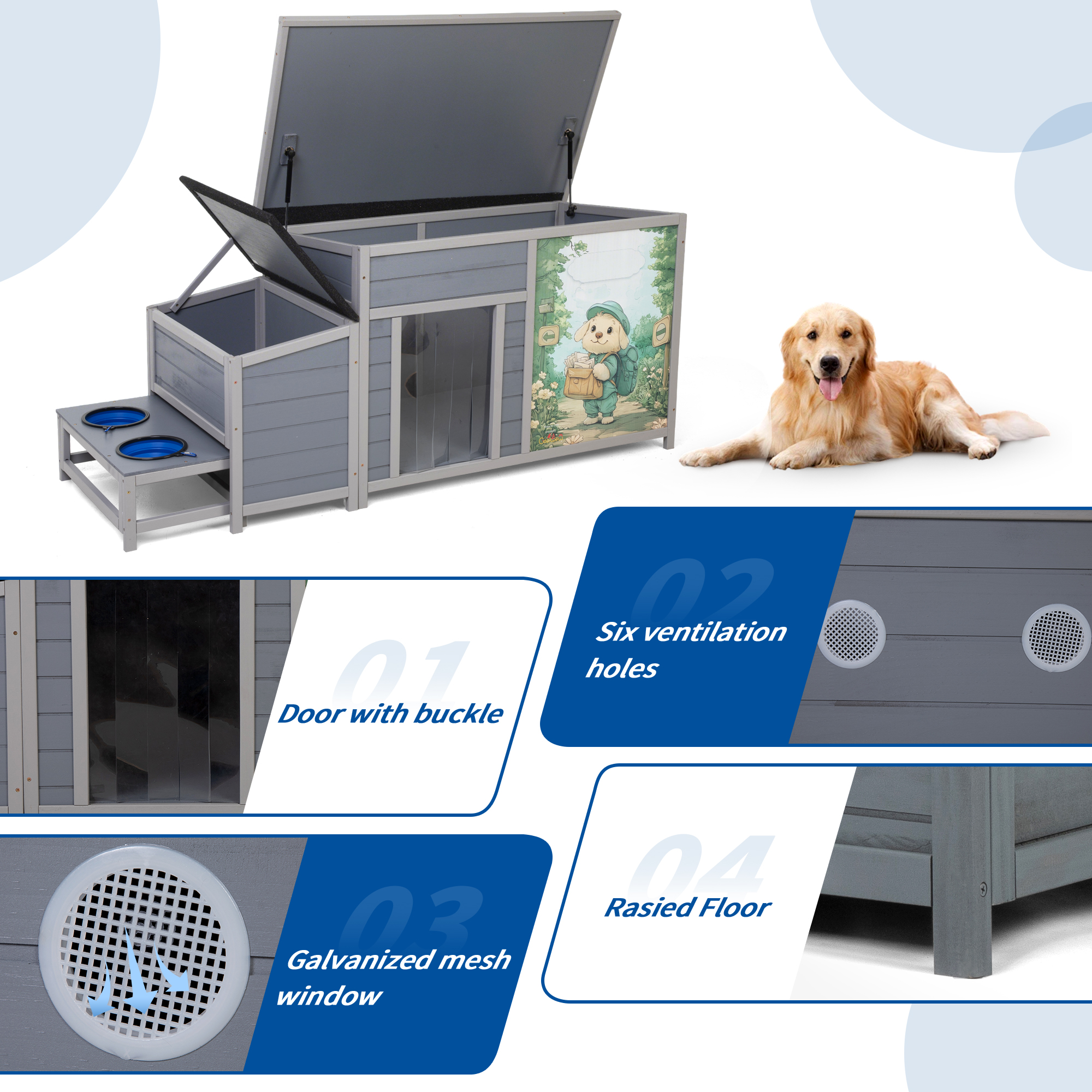 Jaxpety Dog House Outdoor Wooden Dog Kennel for Medium to Large Dogs with Weatherproof Roof, Slow Food Bowls, Storage Box