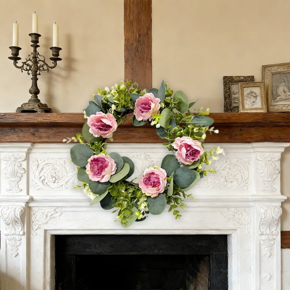 BiFandian 17 Inch Spring Peony Wreaths for Front Door, Succulent Summer Wreath with Pink Peony Floral, Spring Wall Hanging Decor with Succulent Arrangement Decoration