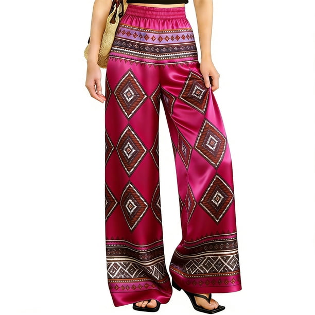 Pantalones Elásticos Estampados de Satén para Mujeres, Cintura Elástica con Bolsillos, Pantalones Casuales Elegantes para Vacaciones Y Fiesta