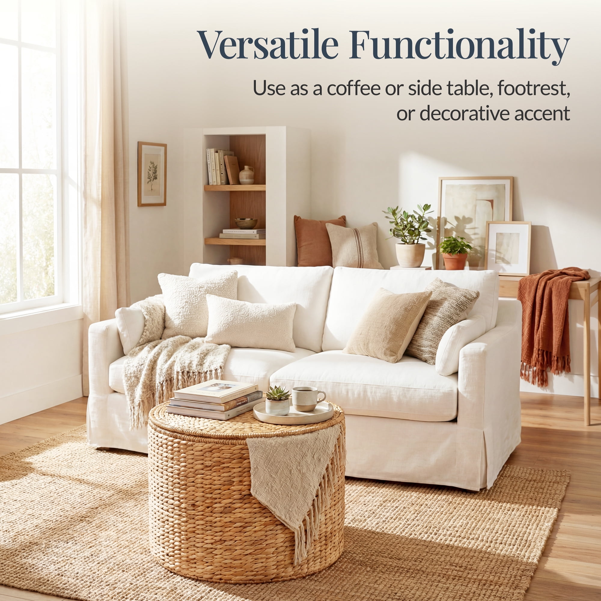 Best Choice Products Large Round Storage Ottoman W/ Lid, Handwoven Water Hyacinth Footstool - Natural