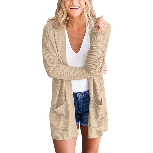 Manteau d'Hiver Automne pour Femmes Trench-Coat Chaud Mi-Longueur Manteau Extérieur Ouvert devant Col Rond Tricoté Mode Cardigan