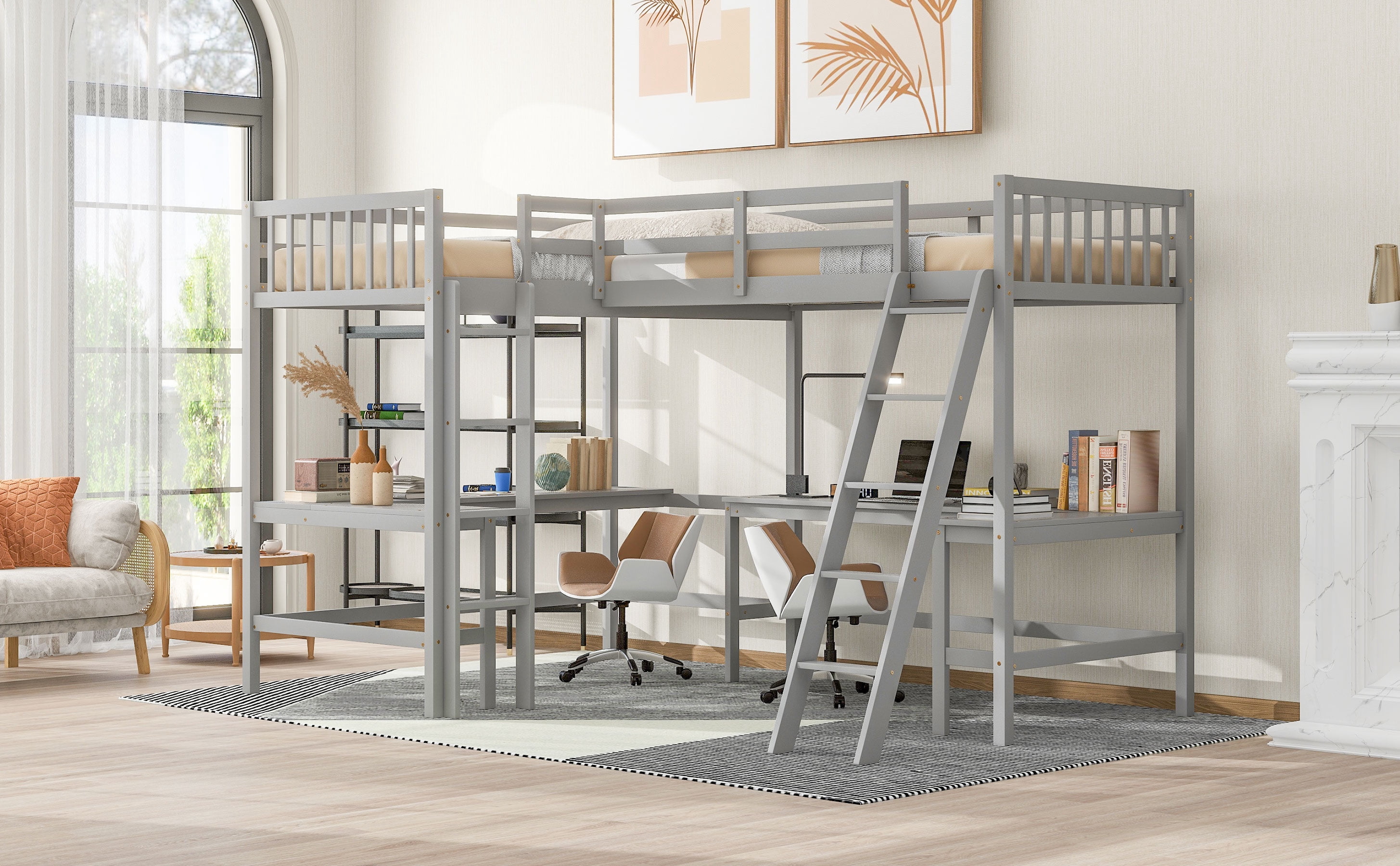 MAYEERTY Wood Twin Size L-Shaped Loft Bed with Ladder and 2 Built-in L-Shaped Desks, Gray