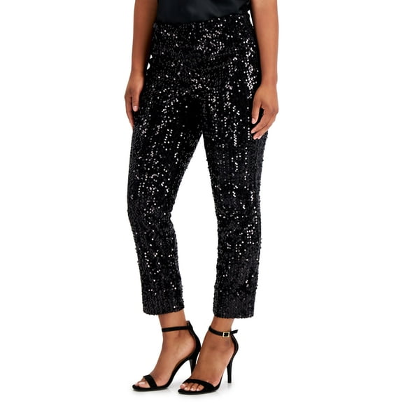 Charter Club Sequined Velvet Ankle Pants Deep Black Combo M