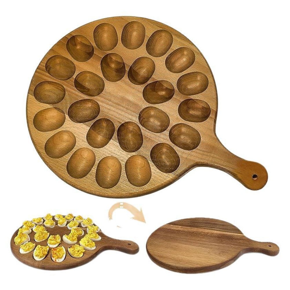 Deviled For Egg Platter, Wooden Deviled For Egg Tray 24 Holes Round For Egg Holder