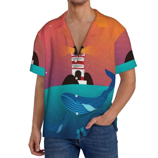 Balery Lighthouse and Whale Camisa Casual de Manga Corta con Botones para Hombre, Texturizada, Estilo Cubano, para Playa, Verano-Large