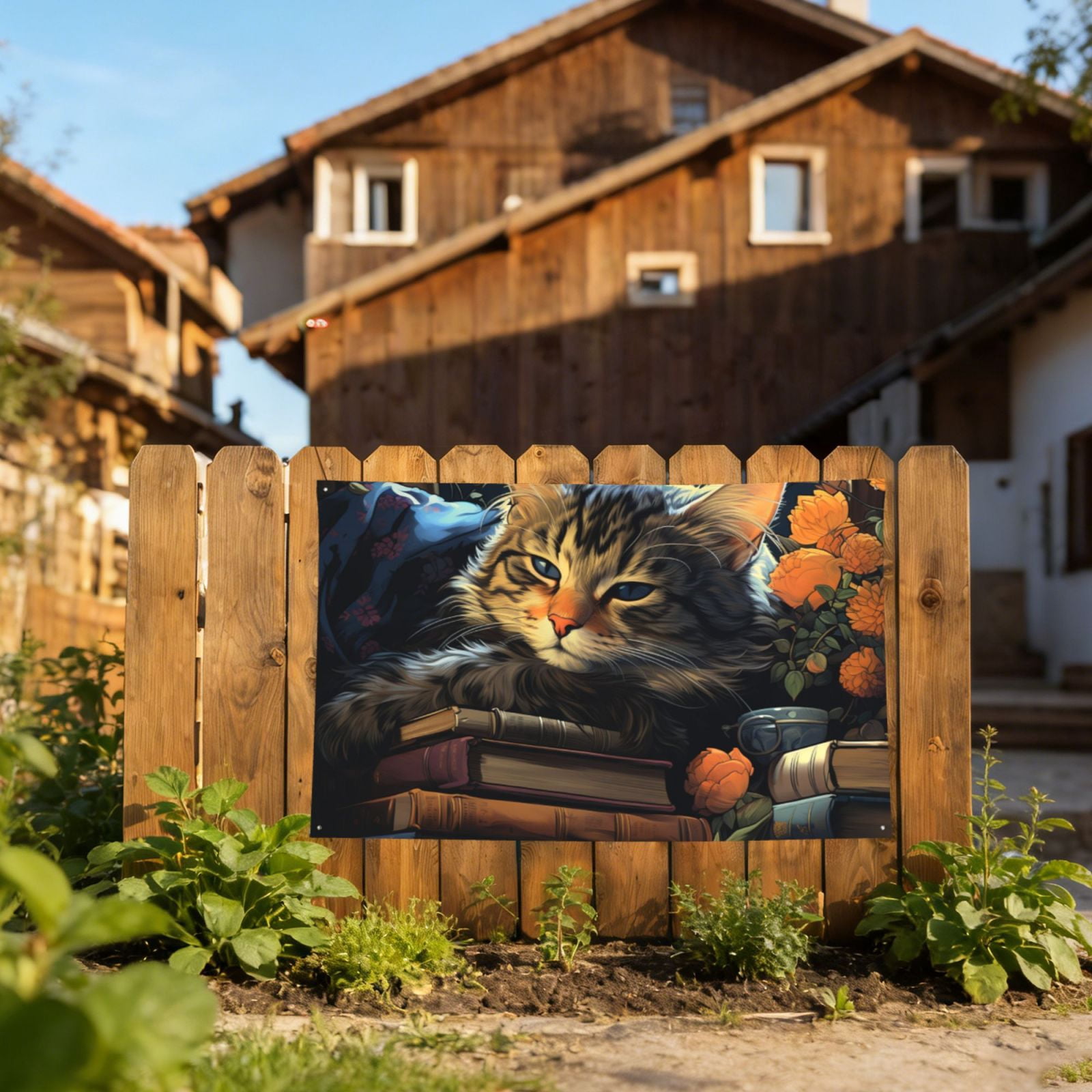 Cat Sleeping Bookshelf Books Art Four Hole Decorated Banner Flag for Garden Yard Home Decoration Indoor Outdoor 4x6 Ft