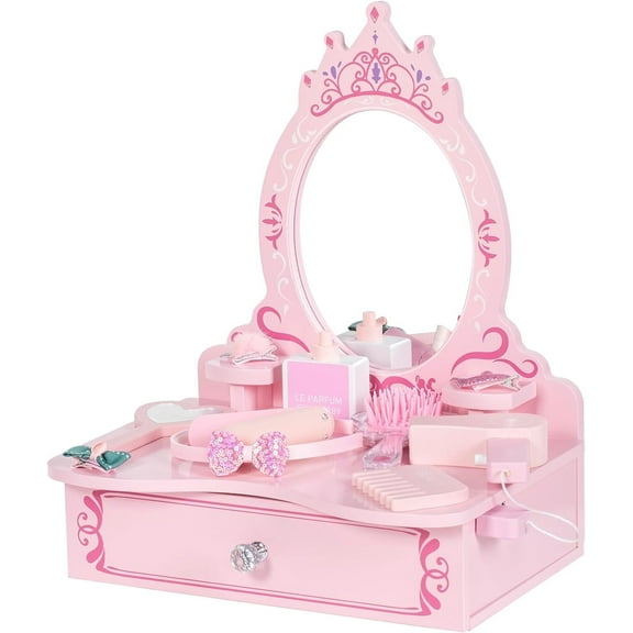 BRINJOY Wooden Vanity Set for Kids, Toddler Tabletop Beauty Salon Play Set w/Accessories & Drawer, Princess Makeup Pretend Play Vanity Table Toy with Crown Shaped Mirror for Little Girls Age 3-8