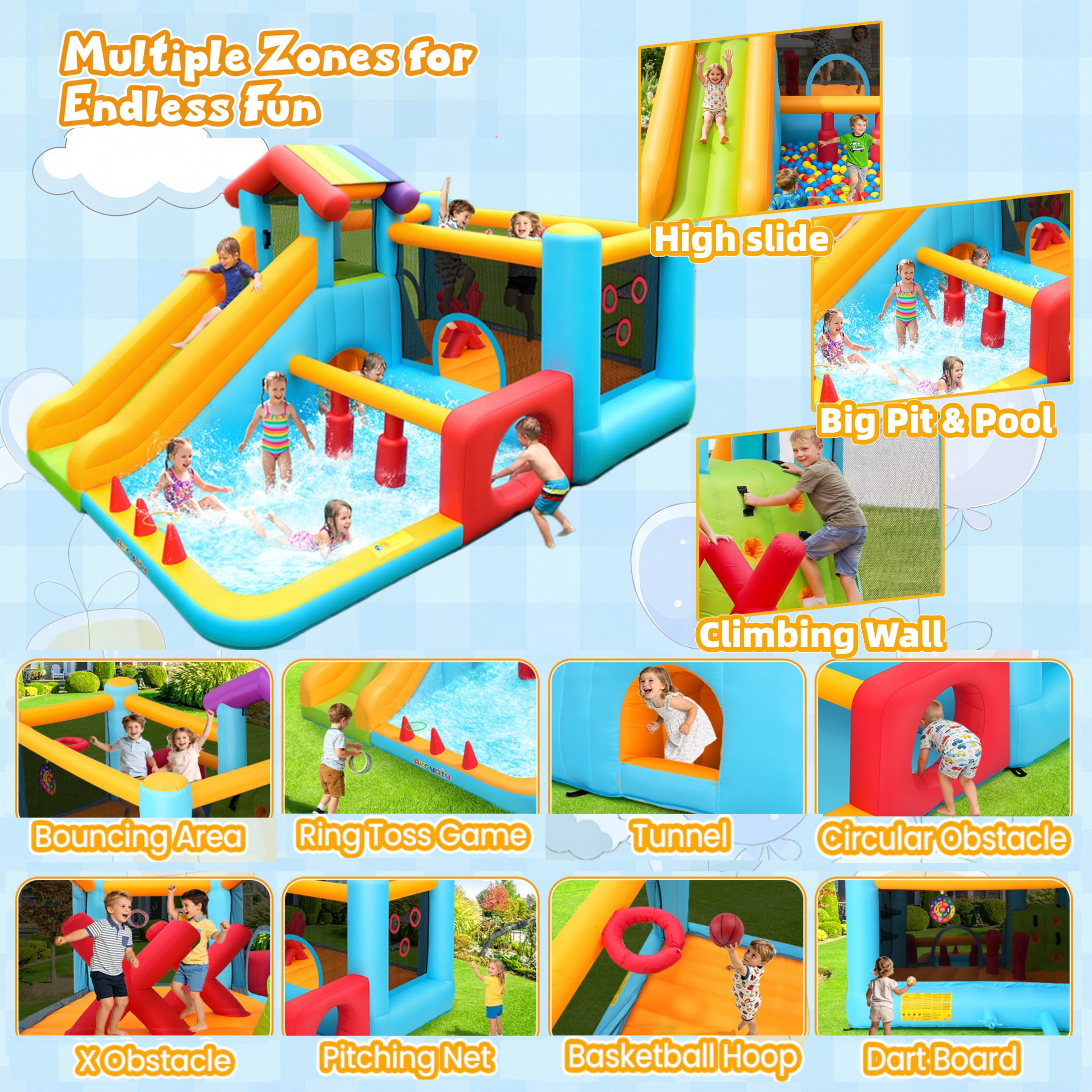 Adnoom Inflatable Bounce House for Kids 3-12, 11-in-1 High Slide Bouncy House with Climbing Wall, Large Ball Pit, Indoor Obstacle Jumping Castle with Blower for Family Backyard Party