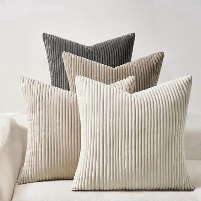 Chenchen 4 Packs Natural Decorative Throw Pillows Covers 18x18 Inch for Living Room Couch Bed Sofa, Rustic Farmhouse Boho Home Decor, Soft Plush Striped Corduroy Square Cushion Case 45x45 cm