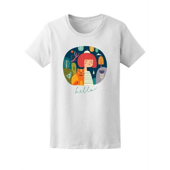 Girl And Cat In Forest T-Shirt Women -Image by Shutterstock, Female x-Large