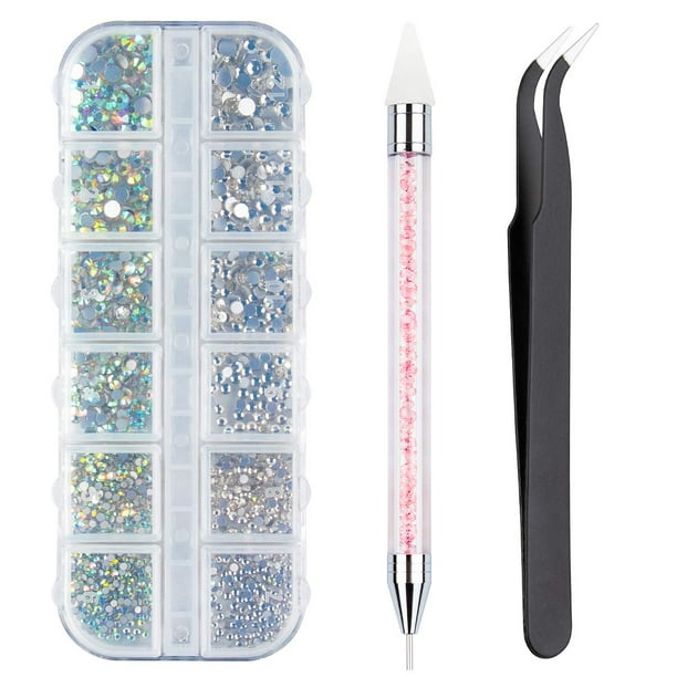 AB Nail Art Rhinestones Decoraciones Piedras de uñas para suministros de arte de uñas y diamantes de imitación de cristal transparente con pinza para recoger y bolígrafo punteador para recoger