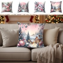 Christmas Decorative Throw Pillow Cover - Holiday Pillow Case with Santa-Reindeer-Tree-Snowman-Snowy House Print, Soft Fabric and Hidden Zipper Sofa Bed Couch Prop