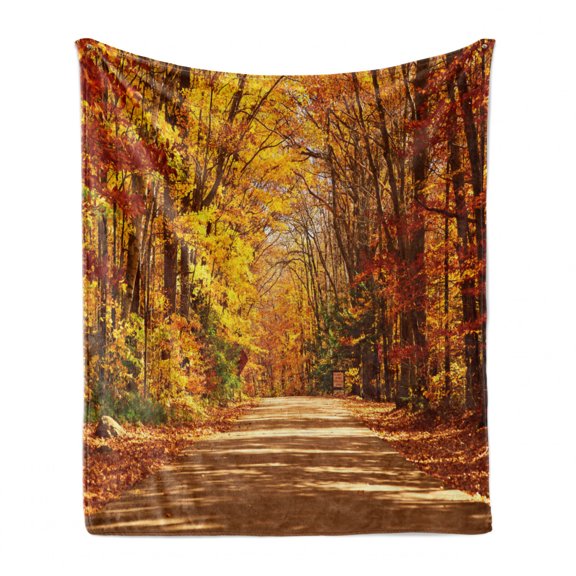 Fall Soft Flannel Fleece Throw Blanket, Scenic View Outdoors Empty Roadway Surrounded with Deciduous Trees Image, Cozy Plush for Indoor and Outdoor Use, 60" x 80", Redwood Yellow Orange, by Ambesonne